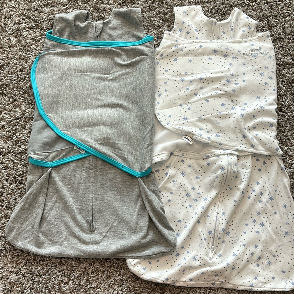 Halo Sleepsack Swaddle, grey and blue 0-3 months, white and blue 3-6 months